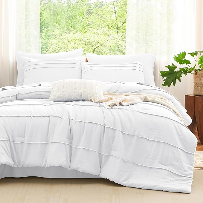 CozyLux Queen Comforter Set White, 7 Pieces Soft Pinch Pleat Bed in a Bag Queen Comforter Set with Sheets, Boho Bed Set with Down Alternative Comforter, Sheets, Pillowcases & Shams