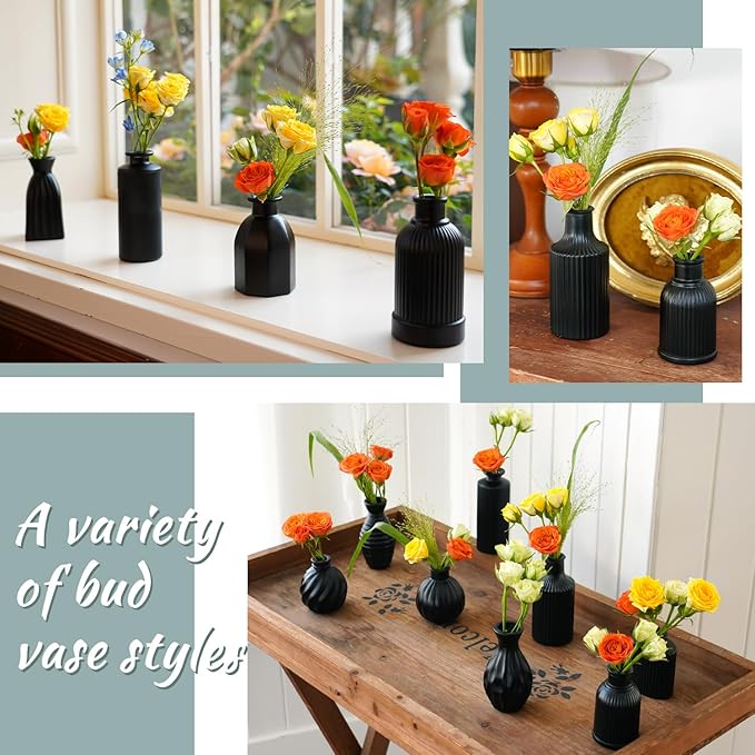 Black Vase, Bud Vases Set of 12, Small Glass Vase for Decor Centerpieces, Matte Ribbed Modern Vintage Flower Vases for Wedding Party Table Decoration Home Decor in Bulk
