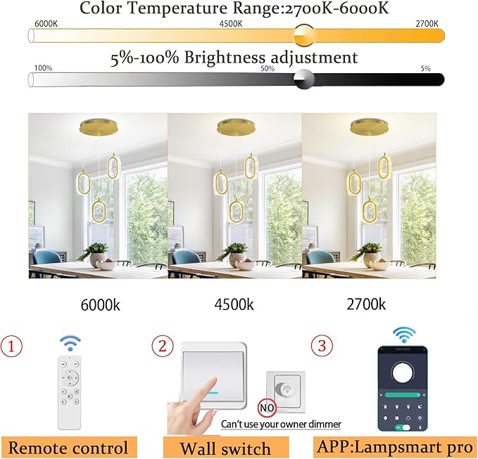 Dimmable Oval Pendant Light Modern LED Pendant Lights for Kitchen Island Adjustable Crystal Ring Chandelier for Dining Room Bedroom Living Room 3-Light Gold