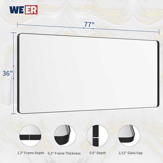 WEER Black Bathroom Mirror for Wall, 77X36 Inch Matte Black Mirror, Rectangular Black Metal Framed Vanity Mirror with Tempered Glass, Rounded Corner, Anti-Rust (Horizontal/Vertical)