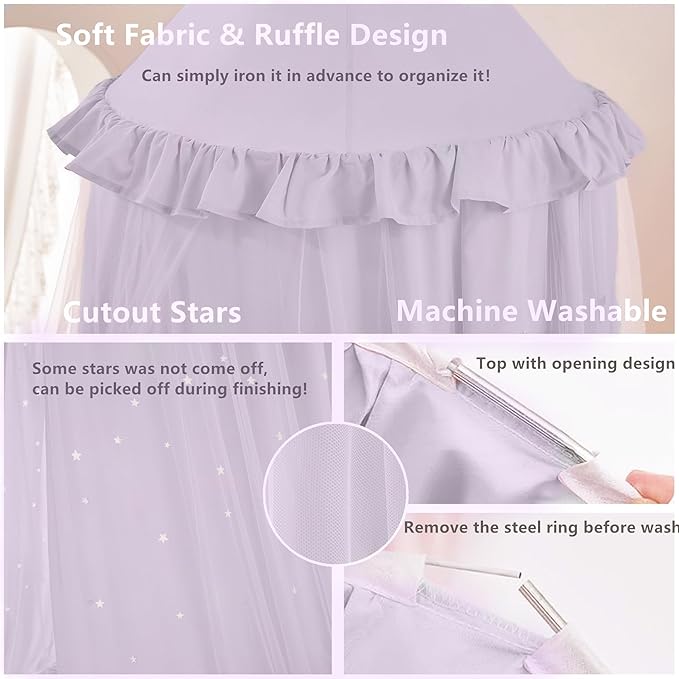 Eimilaly Princess Bed Canopy for Girls, Double Layer Canopy with Cutout Stars, Breathable Dream Canopy & Washable Purple Fabric, Fits Twin/Full Bed - Fairy Bed Tent for Kids Room Decor, Purple