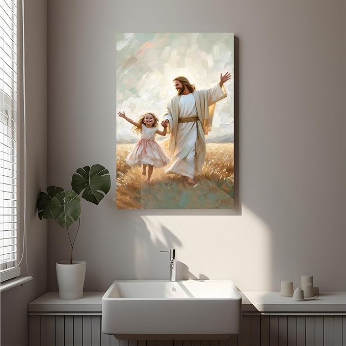 XWNLTEPK Dancing Day Christian Painting Jesus With Girl Christian Wall Art Bible Jesus Dancing With Little Girl Print Canvas Wall Art Poster