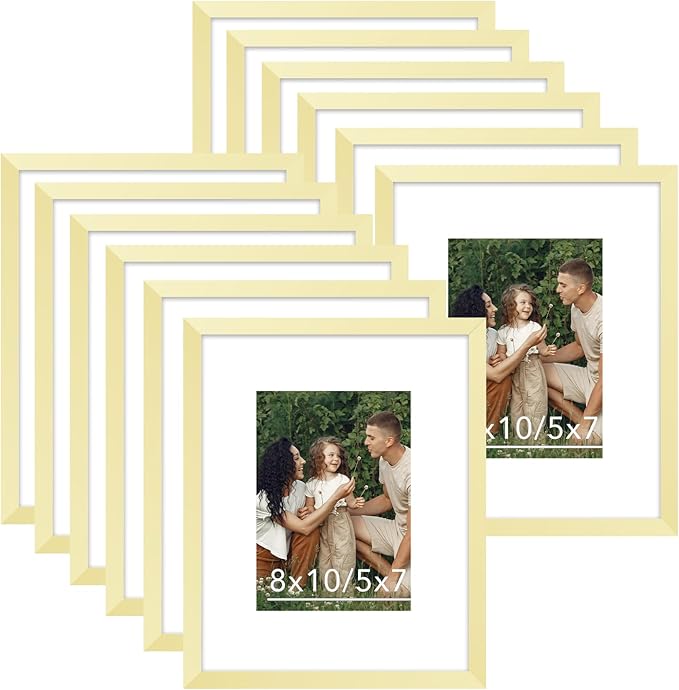 12 Packs 8x10 Picture Frames, Display 5x7 with Mat or 8x10 Without Mat, Gallery Wall Frame Set, 8 by 10 Frames Bulk Set of 12 Collage Wall Decor Photo Frames Set for Wall and Tabletop, Gold