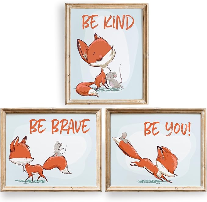 Fox Wall Art Prints (Set of 3) - Unframed - 8x10s | Woodland Nursery Decor - Inspirational Quotes for Boys and Girls Room - Be Kind, Be Brave, Be You - Kids Positive Affirmations