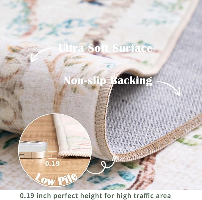 jinchan Botanical Birds 5x7 Ivory Area Rugs for Living Room Washable Non-Slip Soft Nature Plants Modern Kids Carpet Vintage Ultra Thin Low Pile Indoor Rug for Bedroom Dining Room Nursery Playroom