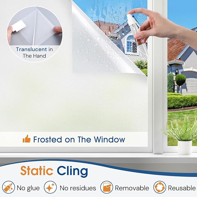 Homein Frosted Glass Window Privacy Film with Tools UV Blocking Privacy Film for Glass Windows, Static Cling No Glue Removable Reusable Anti Glare for Home Day and Night, Pure 23.6x157.4 inch
