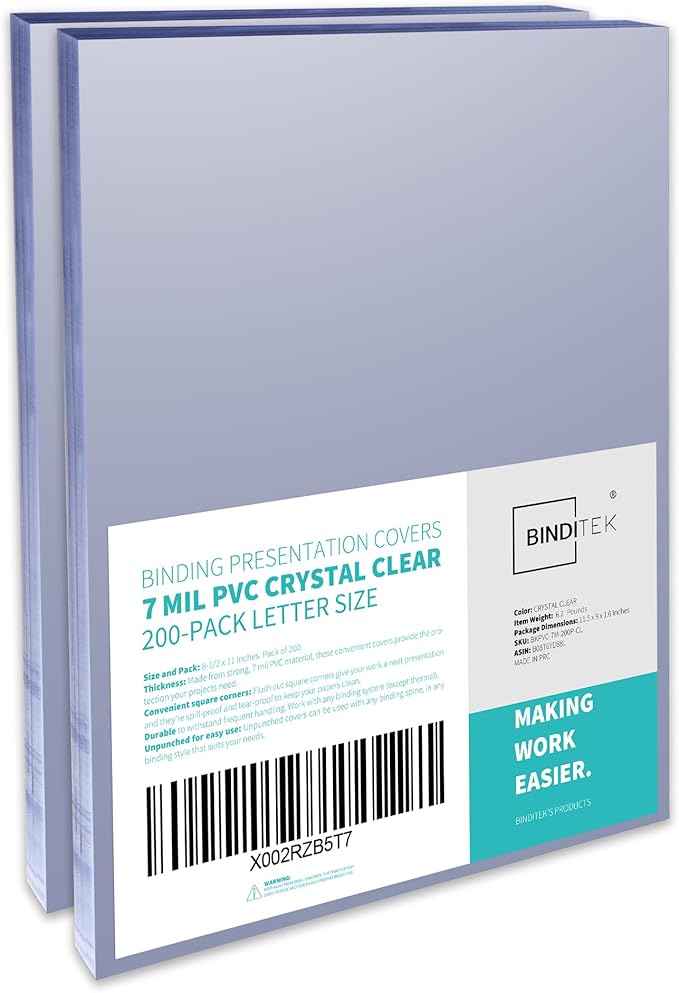 Binditek 200 Pack 7 Mil Clear Presentation Covers for Binding, 8.5 x 11 Inches, Letter Size, Square Corners, Un-Punched, Office Supplies