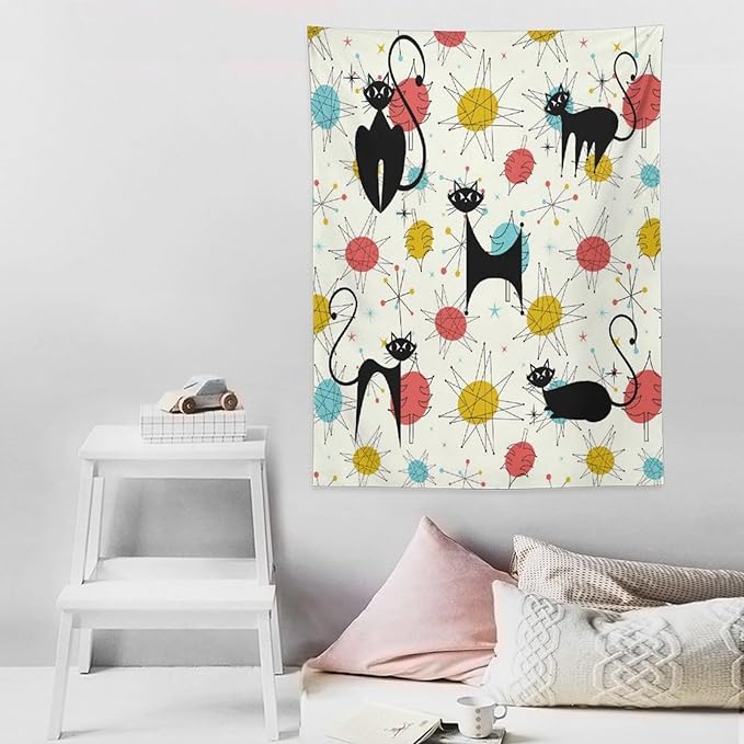 ICMOLYYENLO Abstract Cat Tapestry, Medieval Abstract Atomic Star Cat Vintage Home Wall Hanging Art Tapestry for Bedroom Living Room Dormitory 60x80 Inch