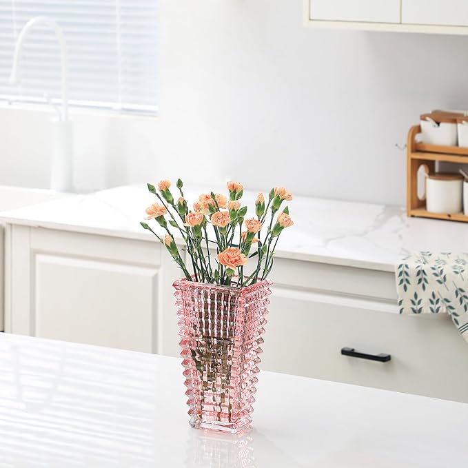 MCMCNCUIU Crystal Vase, Large Crystal Vases for Flowers, Pink Large Flower Vase, Modern Glass Vases for Living Room, Bedroom, Kitchen, Dining Table, Mantle, Wedding, 9 Inches