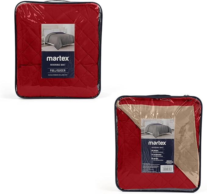 Martex Reversible Coverlet – Twin Bed Quilt – Lightweight Twin Size Bedding – Durable Quilts for Bed – Soft - Easy Care Bedding – Khaki/Red