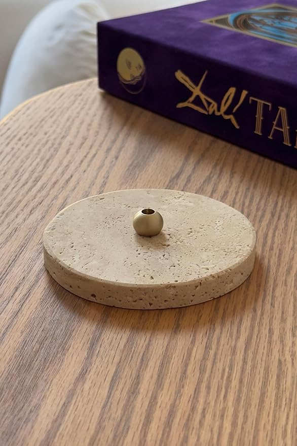 Travertine Stick Incense Holder – Natural Stone Base with Solid Brass Stand – Elegant Aromatherapy Burner for Meditation, Yoga & Home Decor