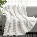 Cozy Bliss Faux Fur Throw Blanket for Couch, Fuzzy Soft Plush Thick Bubble Blanket for Sofa Bedroom Living Room, 50 * 60 Inches Cream White