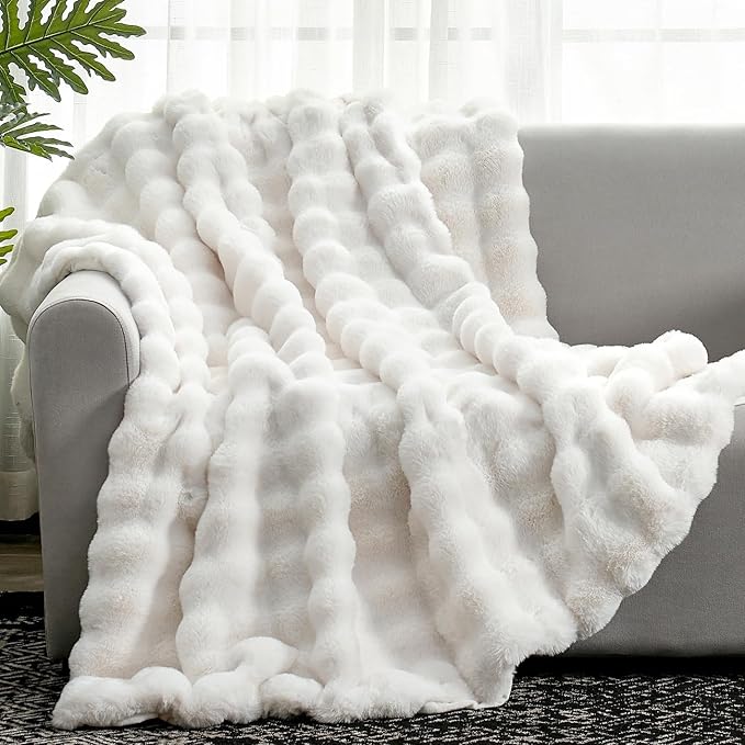 Cozy Bliss Faux Fur Throw Blanket for Couch, Fuzzy Soft Plush Thick Bubble Blanket for Sofa Bedroom Living Room, 50 * 60 Inches Cream White