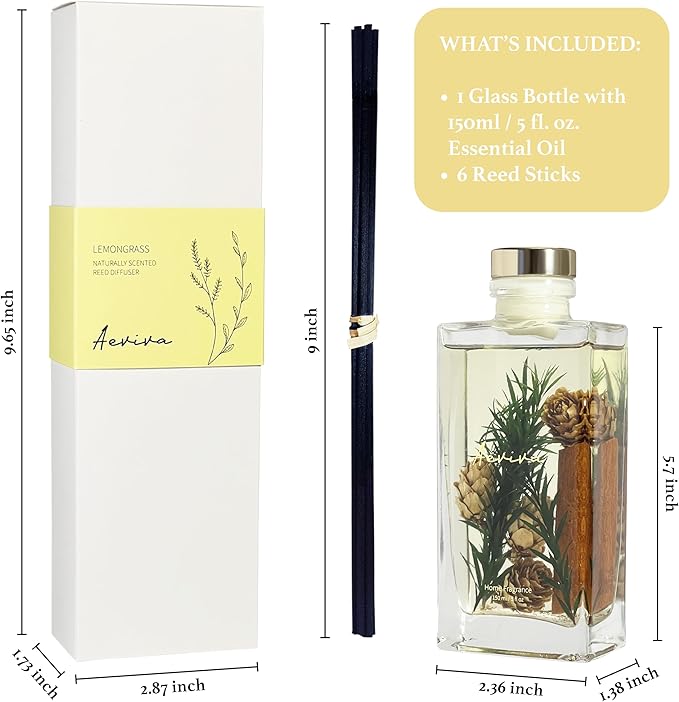 Reed Diffuser Set, 5 fl oz Lemongrass Scented Oil Diffuser, Home Fragrance with Cotton Reed Sticks for Bedroom, Office, Bathroom Shelf Decor & Gifts