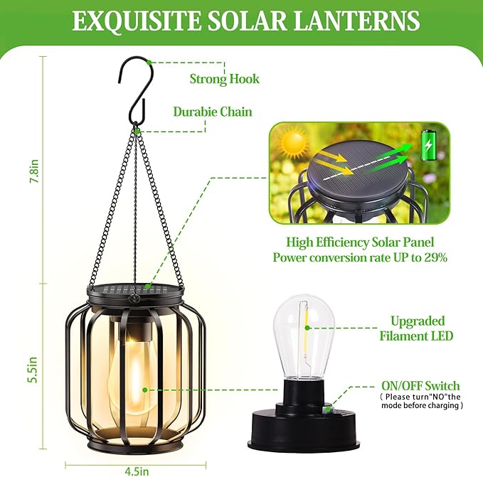Solar Hanging Lanterns Outdoor: 2 Pack Metal Solar Hanging Lights with Hook, Bright - Warm Waterproof LED Lanterns for Outside, Classic Decorative Solar-Powered Light for Yard Garden Patio Porch Decor