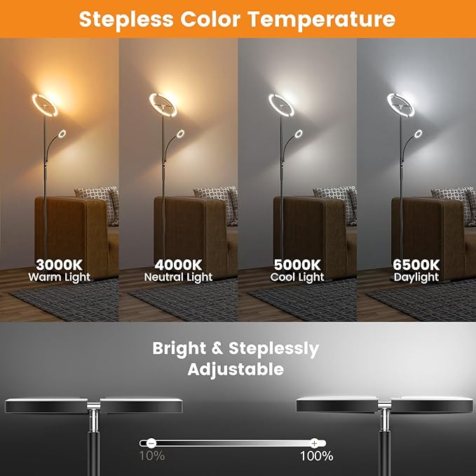 Upgraded 2-in-1 LED Floor Lamp - Dimmable Mother-Daughter Standing Lamp with Remote&Touch Control, 29W Bright Floor Reading Light, Black Modern Standing Light for Living Room Bedroom Office