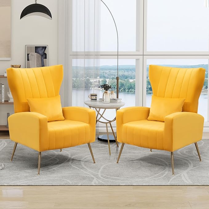 X-VOLSPORT Velvet Accent Chair, Mid Century Modern Wing Back Living Room Chair with Waist Pillow, Upholstered Arm Chair with Metal Gold Legs for Bedroom, Club, Yellow