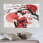 Japanese Red Geisha Tapestry Asian Cherry Blossom Traditional Kimono Folk Tapestries Home Decor for Living Room Bedroom Apartment Farmhouse Dorm 90"x60"