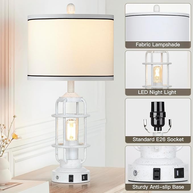 Farmhouse Lamps Set of 2, White Vintage Rustic Industrial Lamps with USB A+C Charging Ports & AC Outlet, 3 Way Dimmable Touch Control Table Lamp with LED Night Light for Living Room Bedrooms Office