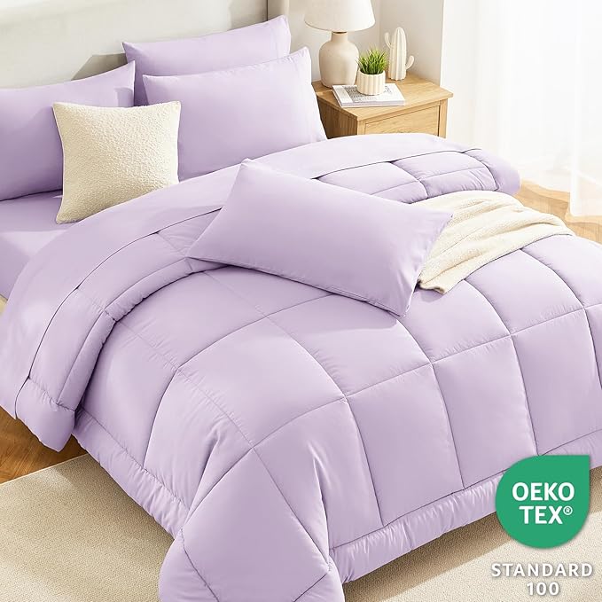 CozyLux Full Size Comforter Sets Lavender, 7 Pieces Bed in a Bag, Light Purple Comforter Full Size, All Season Bedding Sets with Stitch Quilted Comforter, Flat Sheet, Fitted Sheet, Pillowcases
