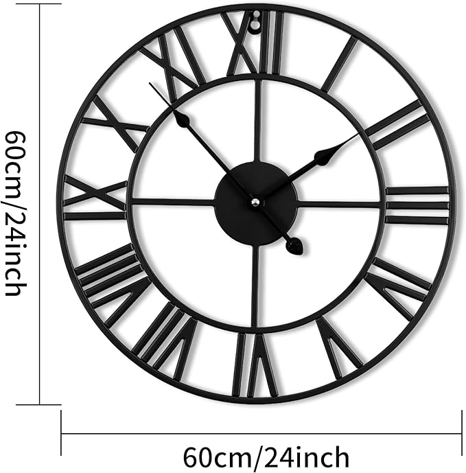 24inch/60cm Large Wall Clocks for Living Room Decor,Vintage,Modern,Round,Silent,Non Ticking,Black Wall Clock for Home,Garden,Office,Cafe Decoration(Iron Roman Numerals, 24 inches)