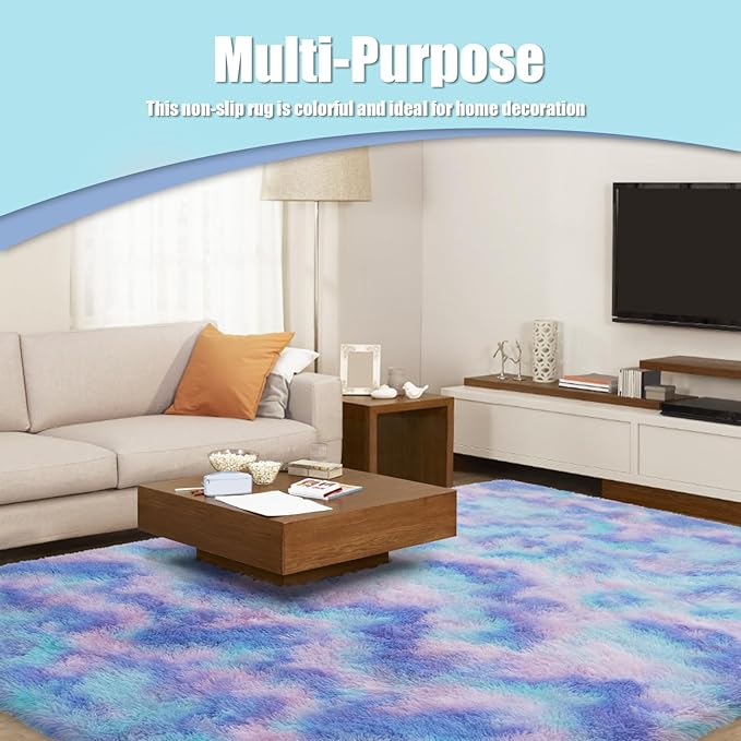 9x12 Fluffy Area Rugs for Living Room,Large Fuzzy Shag Area Rug for Bedroom,Soft Non-Shedding Indoor Plush Carpet for Kids Bedroom Nursery Home Decor,Rainbow Purple