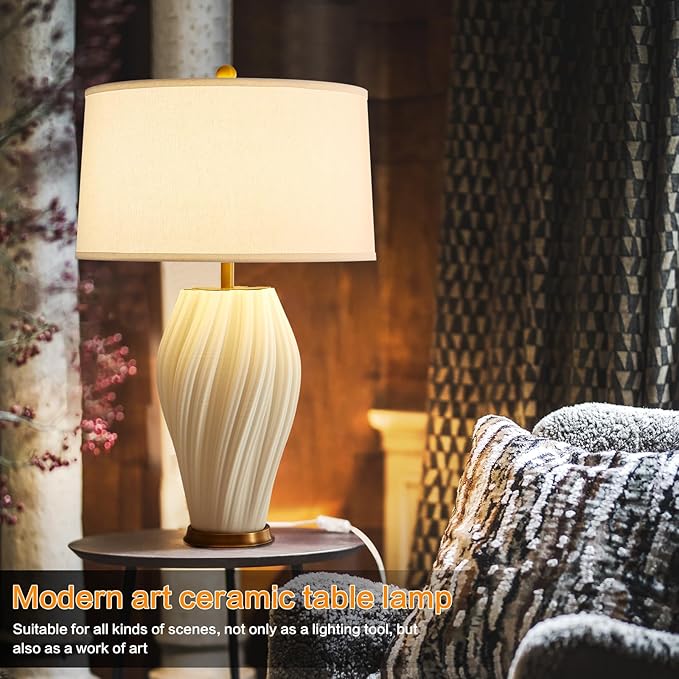 Plug in White Large Ceramic Table Lamps 26.75In, Modern Textured Table Lamp Decorative for Living Room Bedroom Nightstand Bedside Office Desk