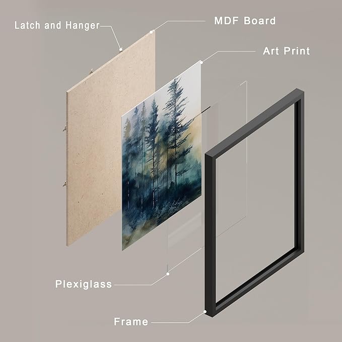 SIGNWIN Framed Poster Green & Teal Watercolor Forest Pine Trees Nature Wilderness Photography Realism Decorative Rustic Cozy Zen for Living Room, Bedroom, Office - 12"x16"x 4 Black