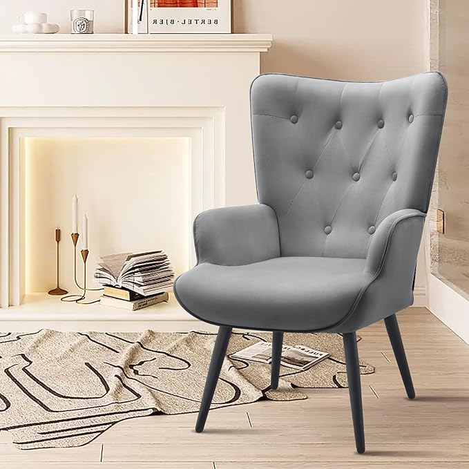 Furnimart Grey Velvet Accent Chair Mid Century Modern Living Room Chairs; Comfy Armchair Leisure Vanity Guest Wingback Chair for Office Study Vanity Bedroom Waiting Room