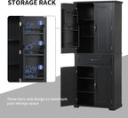 72.2" Tall Storage Cabinet with 4 Doors and Drawer, Freestanding Linen Cabinet, Wooden Pantry with Adjustable Shelf for Kitchen, Bathroom, Living Room Black