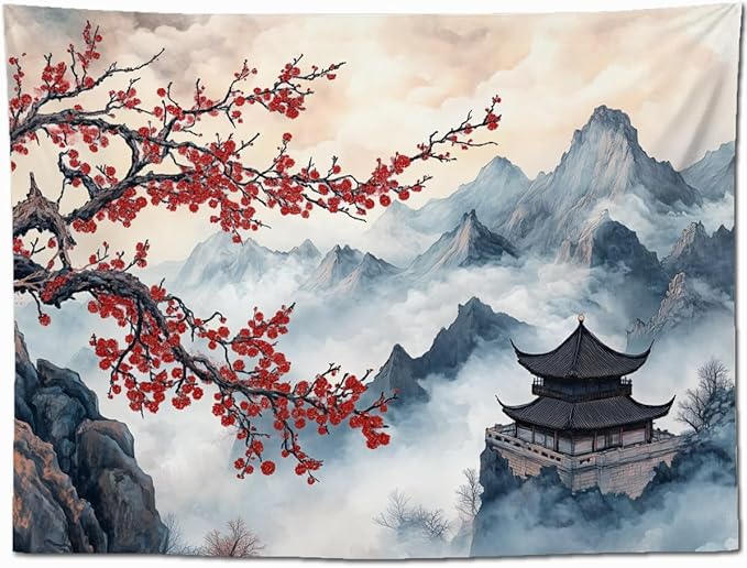 keowhsf Japanese Tapestry Aesthetic Wall Decor – Watercolor Ink Landscape with Red Plum Blossoms and Misty Mountains, Asian Art Hanging for Bedroom, Living Room, Dorm