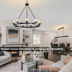 Black Wagon Wheel Chandelier, 36 Inch Black Chandeliers with Unique Glass Shade, 9-Light Crystal Farmhouse Wagon Wheel Chandeliers for Dining Room, Round Chandelier for Living Room, Foyer, Entryway