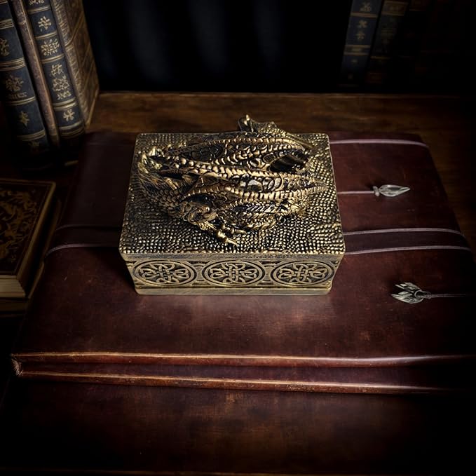 Dragon Statue Jewelry Box - Medieval Fantasy Myth with Cover Treasure Box, Dragon Statue Decoration Collection Gift Box (Antique Bronze)