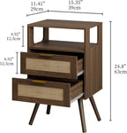 Rattan Nightstand,Farmhouse Bedside Table with 2 Storage Drawer and Open Wood Shelf, for Bedroom and Small Spaces,Night Stand with Solid Wood Legs (Walnut Brown)