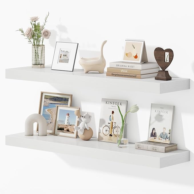 40 Inches Floating Shelves for Wall, 9.3" Deep Long Floating Shelves Set of 2, Large Display & Storage Shelf, Wall Shelf for Bathroom Bedroom Living Room Kitchen Office, White