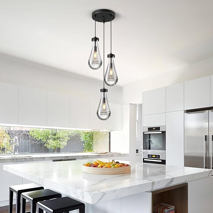 Raindrop Pendant Lights Kitchen Island Teardrop Black Hanging Light Fixtures Clear Solid Glass Pendant Light Modern Chandeliers for Dining Room Porch Corridor Living Room(3-Light)