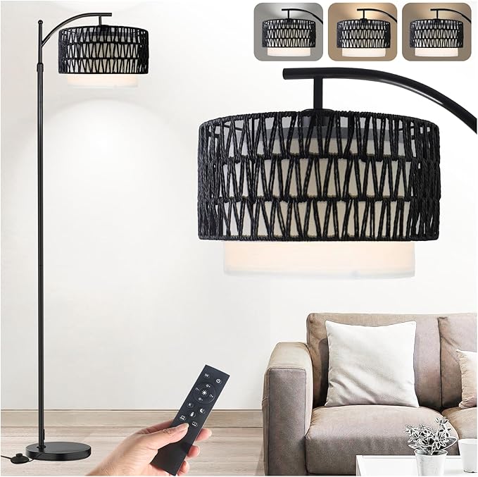 Arc Floor Lamp for Living Room,Farmhouse Floor Lamps with Remote Control & Dimmable Bulb,Black Rattan Boho Tall Standing Lamp for Bedroom Office