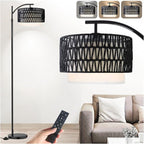 Arc Floor Lamp for Living Room,Farmhouse Floor Lamps with Remote Control & Dimmable Bulb,Black Rattan Boho Tall Standing Lamp for Bedroom Office
