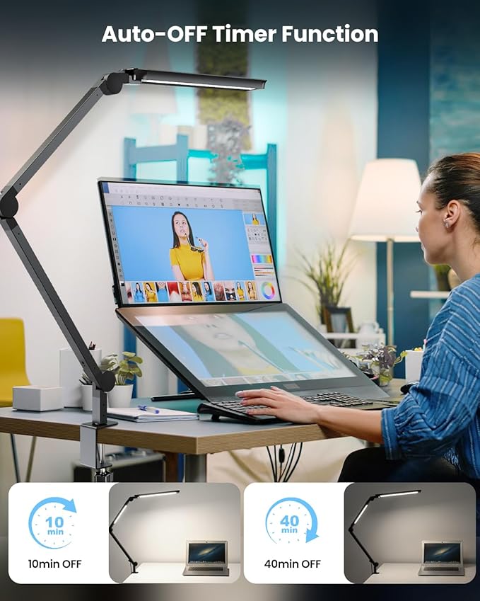 LED Desk Lamp with Clamp, Ultra-Bright Dual Light Architect Desk Light with Adjustable Swing Arm, Eye-Caring 4 Color Modes Stepless Dimming Task Table Lamp for Home Office Reading Study & Workbench