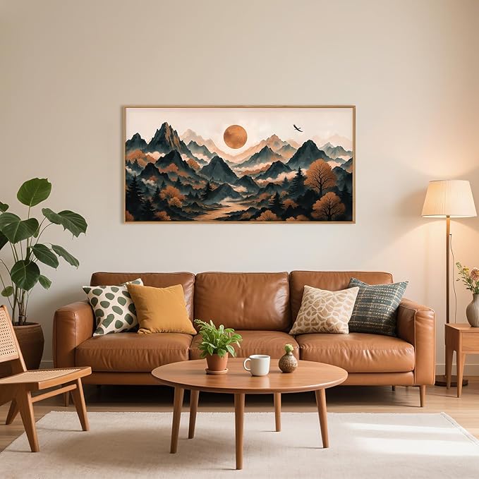 Large Boho Mountain Framed Canvas Wall Art Set, Brown Ridge Landscape Wall Decor, Pine Tree Scenery Wall Painting, Abstract Wilderness Art Print for Living Room, Bedroom, Office - 20X40