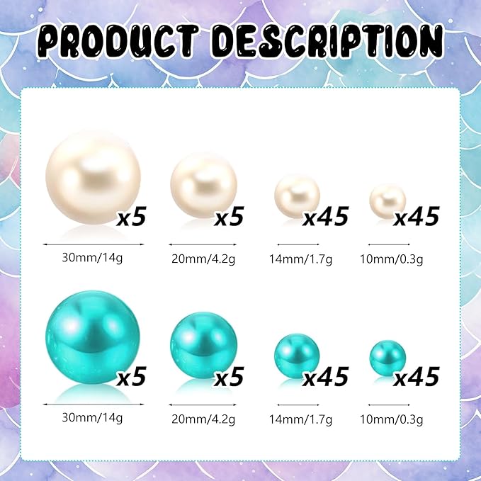 200PCS Teal White Faux Pearls Beads for Centerpiece Vases, Vase Filler Faux Pearls, No Holes Filler Beads for Party Anniversary Birthday Wedding Table Decor, 10/14/20/30mm