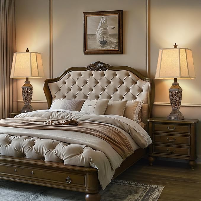 AIDENOEY 27.5“ Farmhouses Table Lamp with USB & USB-C Charging Ports, 3-Color Dimmable & Stepless Bottom Dimming, Touch Control & Switch, Vintage Bedside Lamp for Bedroom Living Room Office,(Brown)