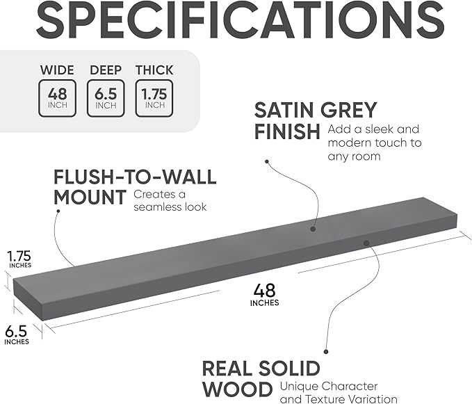 Homeforia Gray Floating Shelf 48 inch, High End Solid Real Wood 48inch Floating Shelves for Wall Mounted, Grey Wooden 48 inches Long Floating Shelves, Heavy Duty Bracket, 48 X 6.5 X 1.75 in, Set of 2