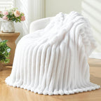 NEWCOSPLAY Super Soft Queen Blanket White Premium Silky Flannel Fleece 3D Ribbed Jacquard Lightweight Bed Blanket All Season Use (White Ribbed, Queen(90"x90"))