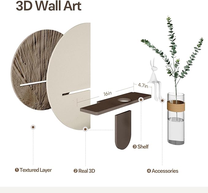Troartos 3D Textured Neutral Abstract Wall Art with Vase, White and Brown Wall Decor with Rabbit Decoration, Minimalist Geometric Artwork for Living Room Hallway Dining Room Bedroom Office, 24x24 In