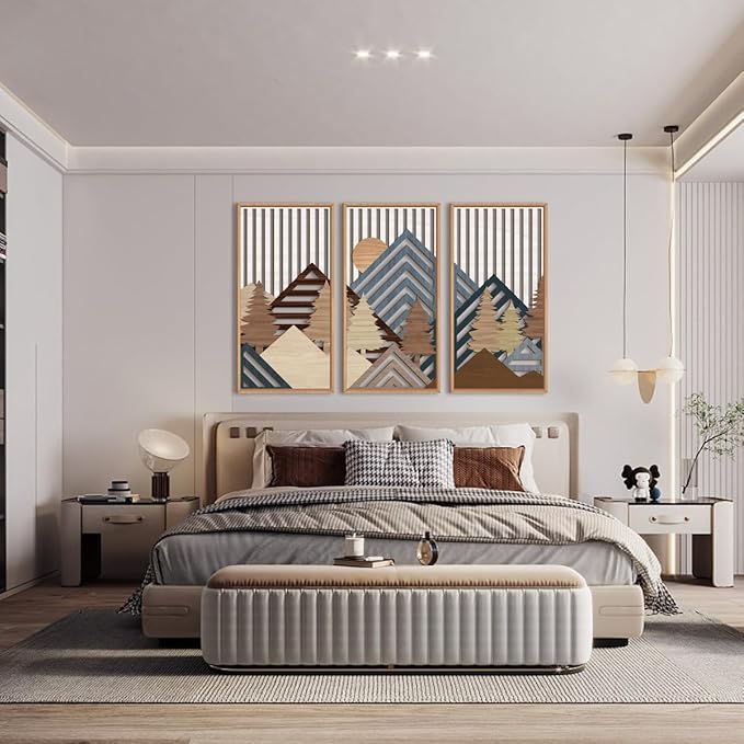 IARTTOP Large Mountain Wood Wall Art 16"x32"x3 Abstract Forest Wall Sculpture Geometric Boho Sunset Wilderness Artwork for Bedroom Living Room Office