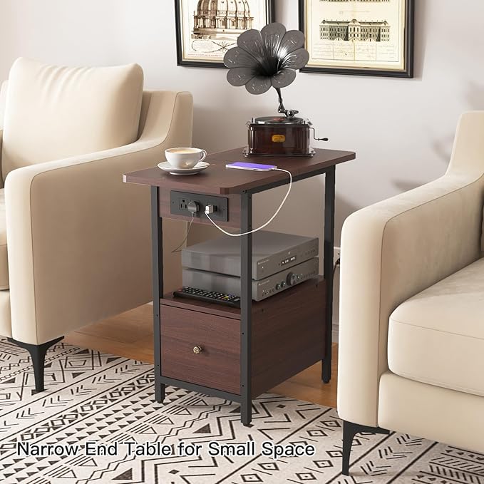 LIDYUK End Table with Charging Station, Narrow Side Table with Drawer and USB Ports & Power Outlets, Nightstand Bedside Tables for Small Spaces, Bedroom, Living Room, Dark Cherry