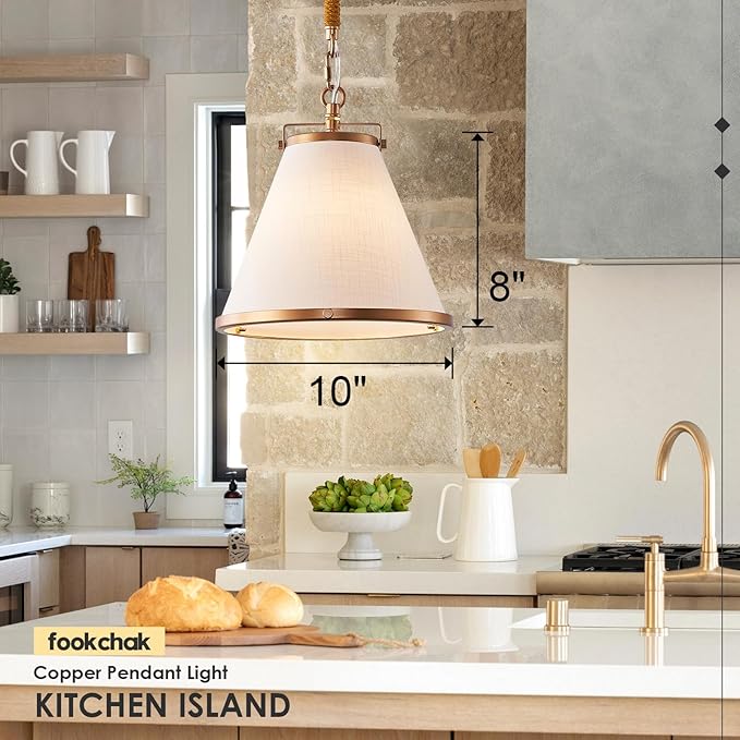 Vintage Brass Pendant Light Kitchen Island 10inch Linen Pendant Lights with Brass Hemp Rope Rod Modern Farmhouse Pendant Hanging Lighting for Kitchen Sink Dining Room Entryway Hallway