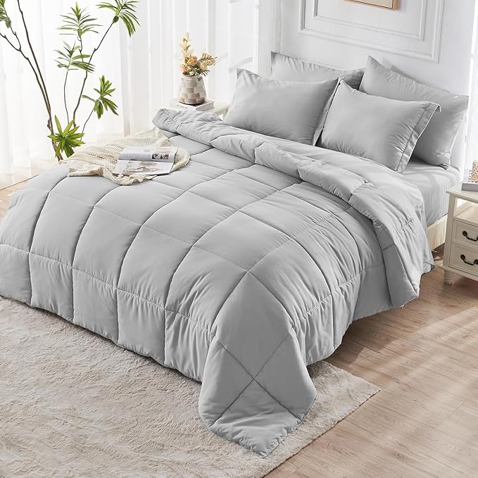 JOLLYVOGUE Twin Comforter Set, Ultra-Soft Bed in a Bag Twin Size 5 Pieces, Oeko-TEX Certified Bedding Set with Down Alternative Comforter, Sheets, Pillowcases & Shams, Light Grey