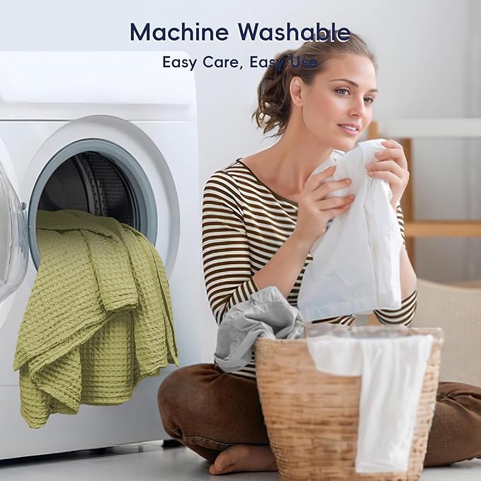 PHF Ultra Soft Waffle Weave Blanket King Size 104"x 90"- Washed Lightweight Breathable Cozy Woven Blanket for Bed - Aesthetic Decor for Couch Bedding Sofa Home Car - Olive Green